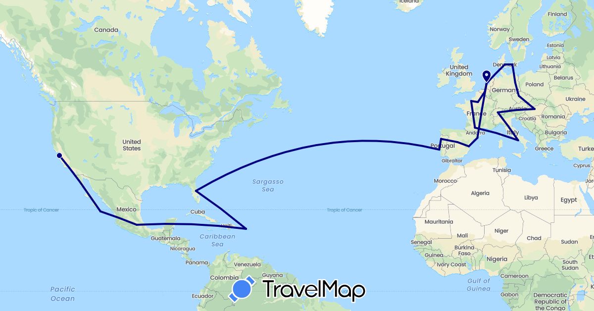 TravelMap itinerary: driving in Belgium, Switzerland, Czech Republic, Germany, Denmark, Spain, France, Hungary, Italy, Mexico, Netherlands, Portugal, United States (Europe, North America)